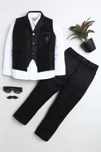 Boys black satin sunburst jacquard woven 3-piece party suit set