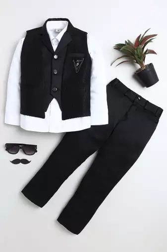 Boys black satin sunburst jacquard woven 3-piece party suit set