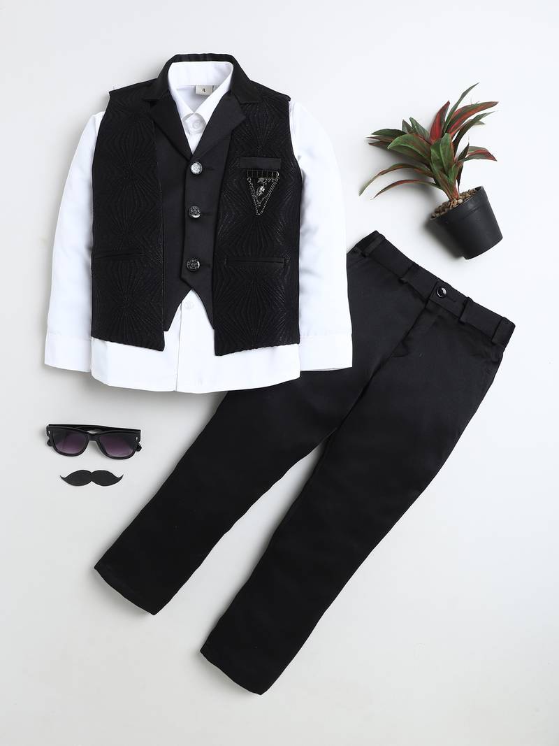 Boys black satin sunburst jacquard woven 3-piece party suit set