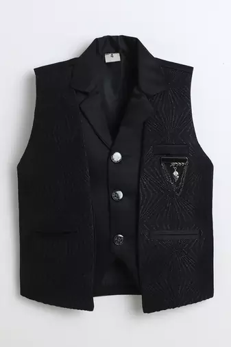Boys black satin sunburst jacquard woven 3-piece party suit set