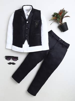 Boys navy blue satin sunburst jacquard woven 3-piece party suit set 1