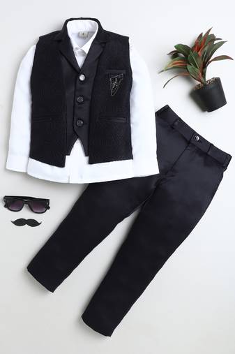 Boys navy blue satin sunburst jacquard woven 3-piece party suit set