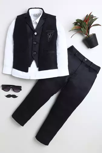 Boys navy blue satin sunburst jacquard woven 3-piece party suit set