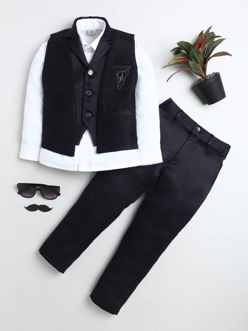 Boys navy blue satin sunburst jacquard woven 3-piece party suit set