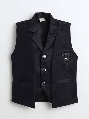 Boys navy blue satin sunburst jacquard woven 3-piece party suit set 2