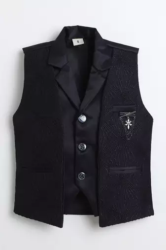 Boys navy blue satin sunburst jacquard woven 3-piece party suit set