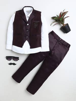 Boys wine satin sunburst jacquard woven 3-piece party suit set 1
