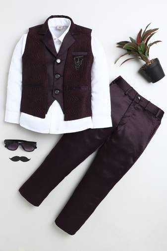 Boys wine satin sunburst jacquard woven 3-piece party suit set