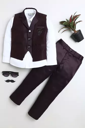 Boys wine satin sunburst jacquard woven 3-piece party suit set