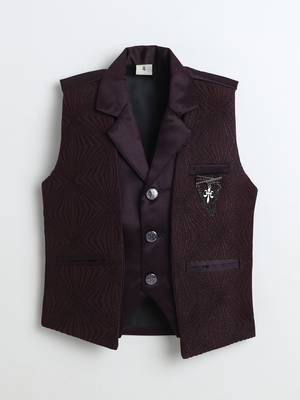 Boys wine satin sunburst jacquard woven 3-piece party suit set 2