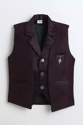 Boys wine satin sunburst jacquard woven 3-piece party suit set