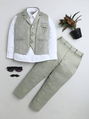 Boys pista green satin geometric jacquard woven 3-piece party suit set 1