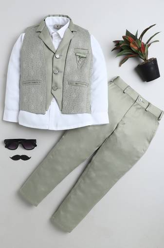 Boys pista green satin geometric jacquard woven 3-piece party suit set
