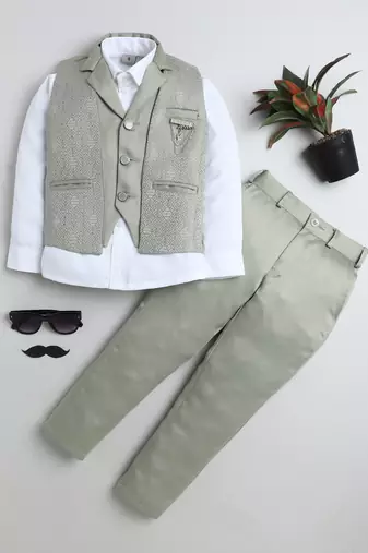 Boys pista green satin geometric jacquard woven 3-piece party suit set