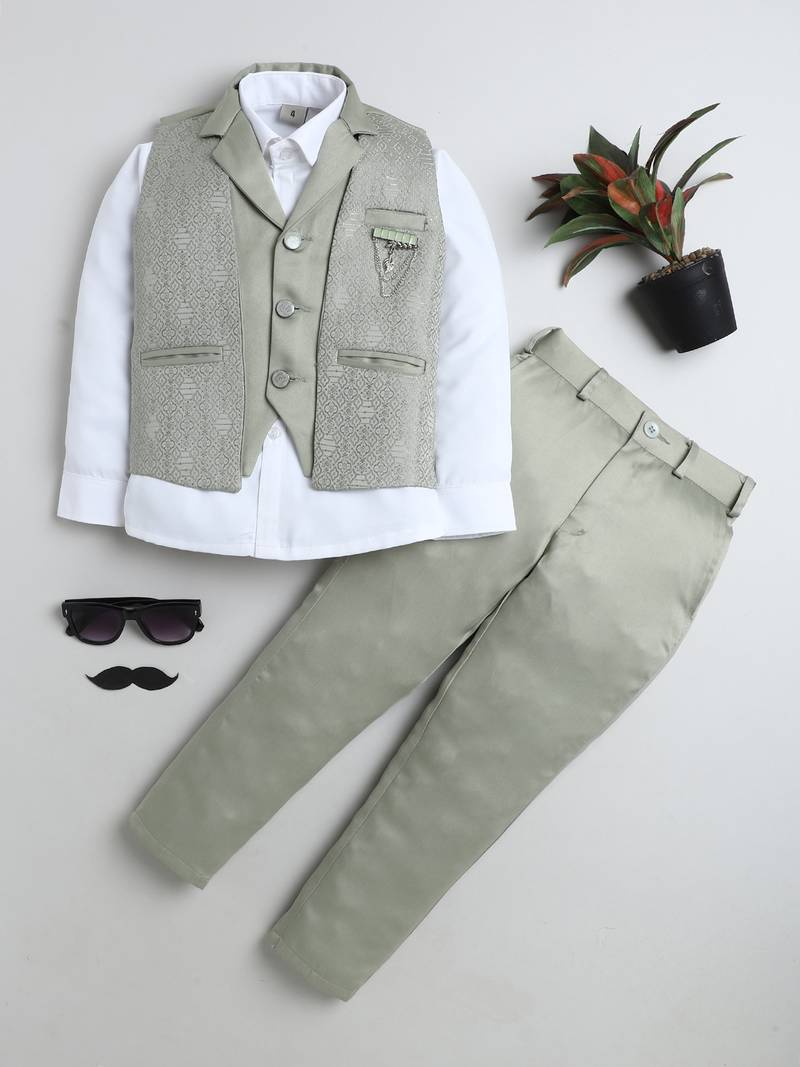 Boys pista green satin geometric jacquard woven 3-piece party suit set