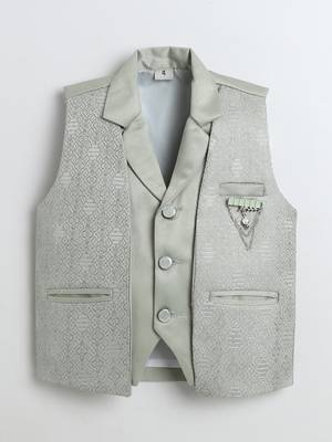Boys pista green satin geometric jacquard woven 3-piece party suit set 2
