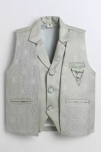 Boys pista green satin geometric jacquard woven 3-piece party suit set