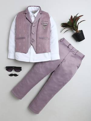 Boys mauve satin geometric jacquard woven 3-piece party suit set 1