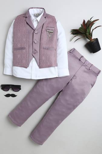 Boys mauve satin geometric jacquard woven 3-piece party suit set
