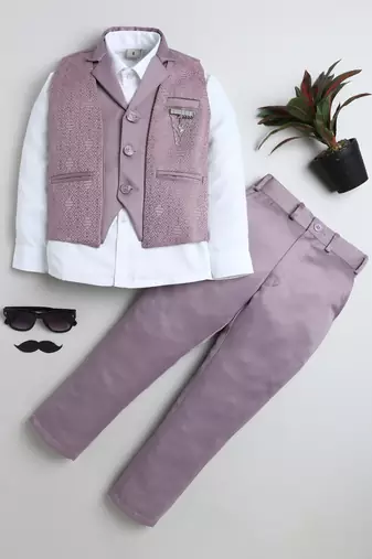 Boys mauve satin geometric jacquard woven 3-piece party suit set
