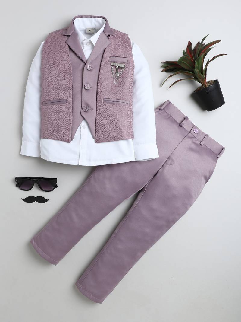 Boys mauve satin geometric jacquard woven 3-piece party suit set