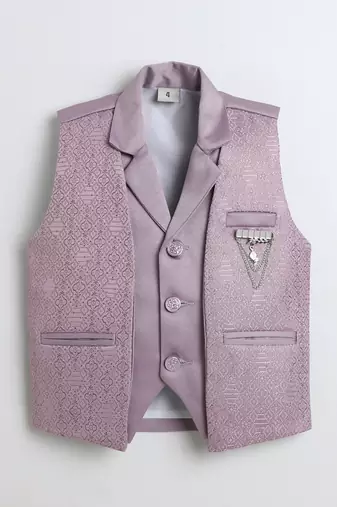 Boys mauve satin geometric jacquard woven 3-piece party suit set