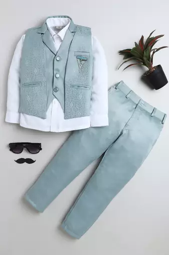 Boys ice blue satin geometric jacquard woven 3-piece party suit set