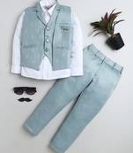 Boys ice blue satin geometric jacquard woven 3-piece party suit set