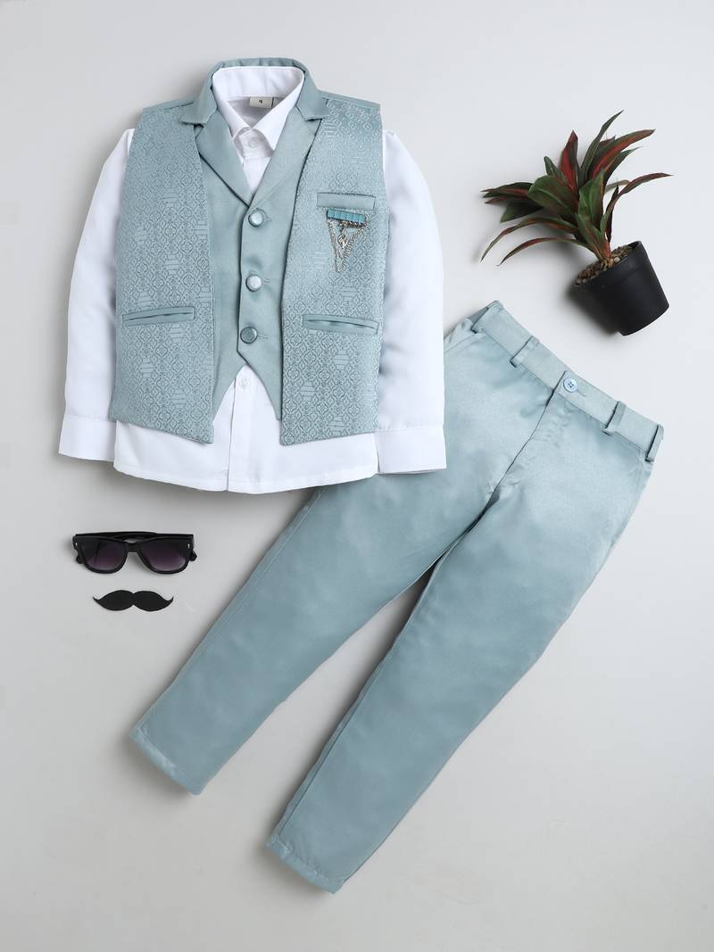 Boys ice blue satin geometric jacquard woven 3-piece party suit set