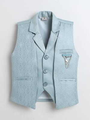 Boys ice blue satin geometric jacquard woven 3-piece party suit set 2
