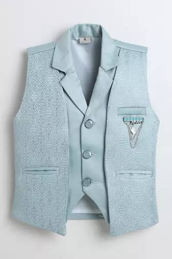 Boys ice blue satin geometric jacquard woven 3-piece party suit set