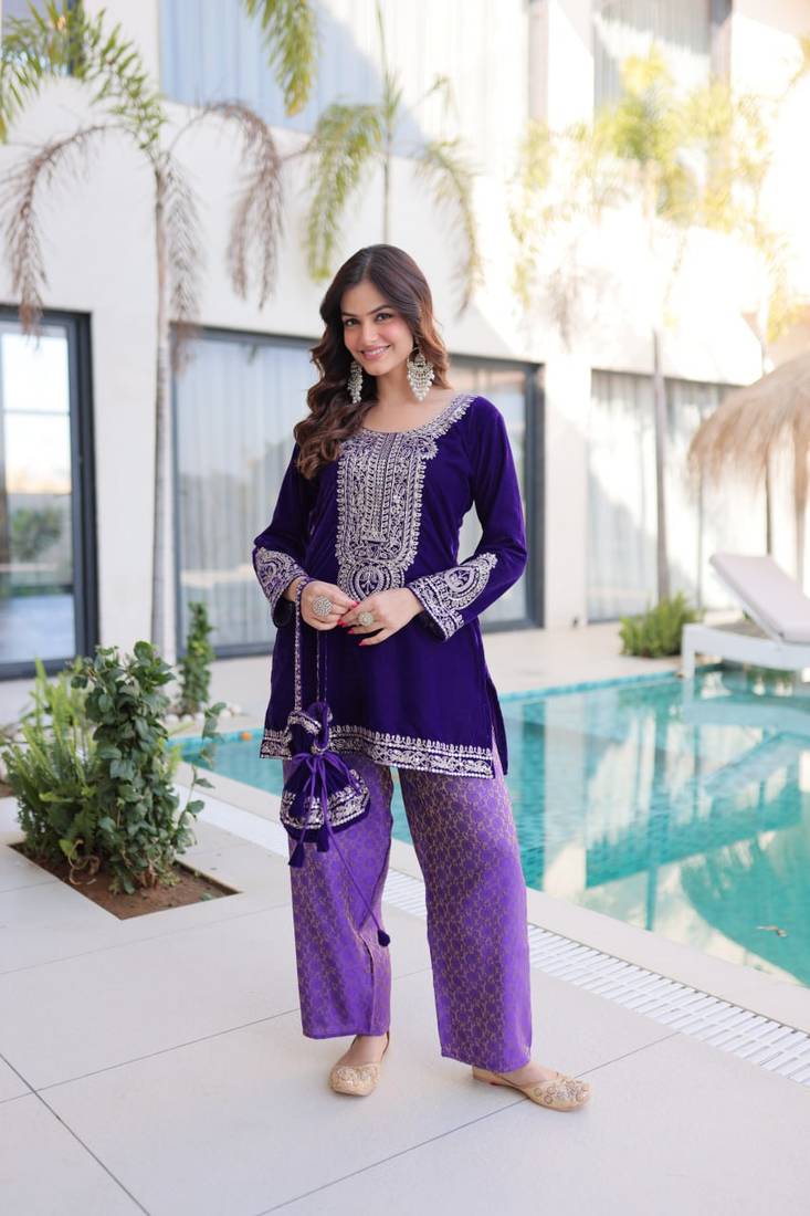 Purple Velvet Zari Coding Work Kurta Set