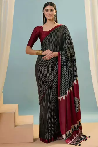 Black printed satin saree with blouse piece