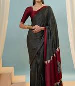 Black printed satin saree with blouse piece