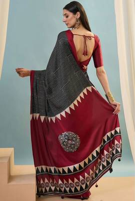 Black printed satin saree with blouse piece 2