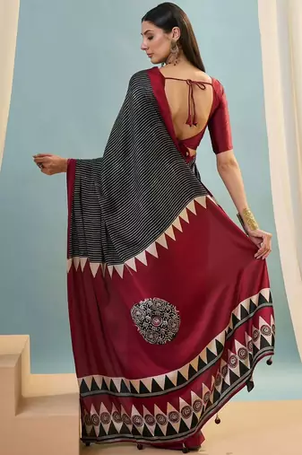 Black printed satin saree with blouse piece