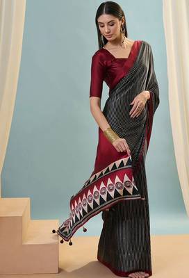 Black printed satin saree with blouse piece 3