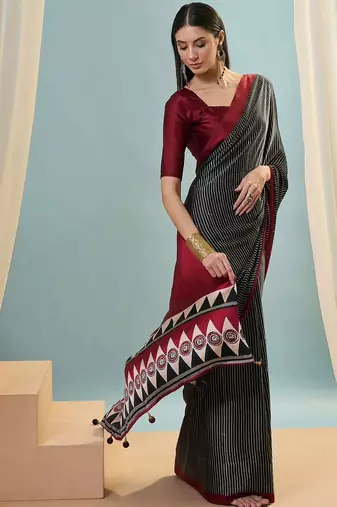 Black printed satin saree with blouse piece