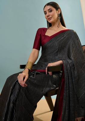 Black printed satin saree with blouse piece 4
