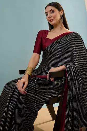 Black printed satin saree with blouse piece
