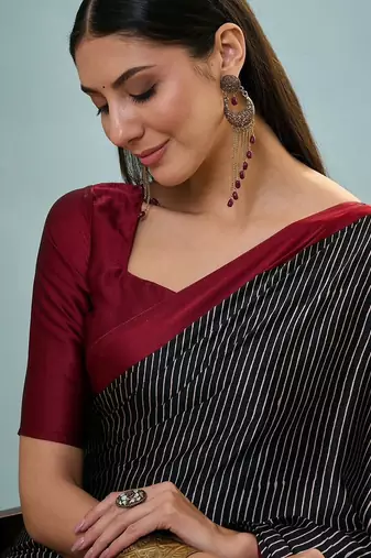 Black printed satin saree with blouse piece