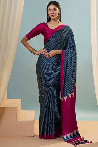 Blue printed satin saree with blouse piece