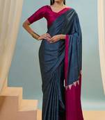 Blue printed satin saree with blouse piece