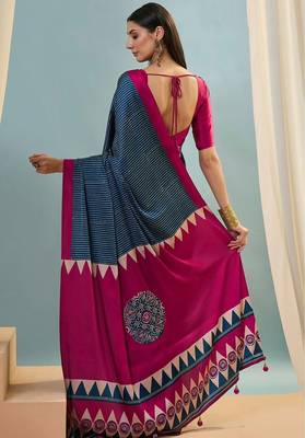 Blue printed satin saree with blouse piece 2