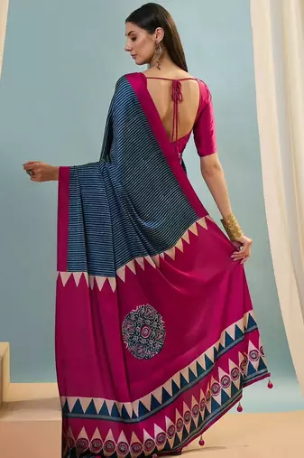 Blue printed satin saree with blouse piece