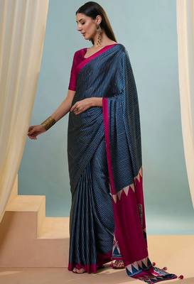 Blue printed satin saree with blouse piece 3