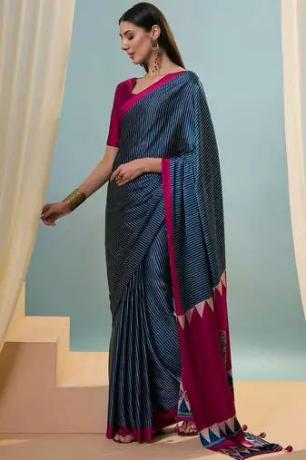 Blue printed satin saree with blouse piece