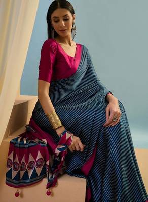 Blue printed satin saree with blouse piece 4