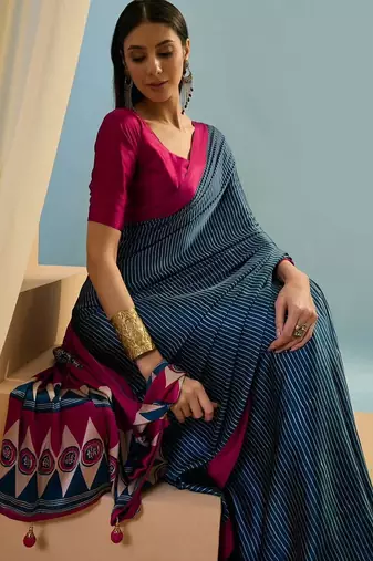 Blue printed satin saree with blouse piece
