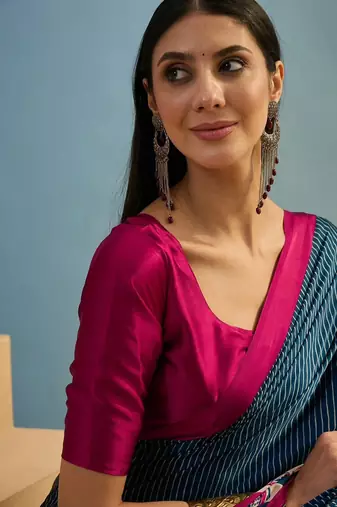 Blue printed satin saree with blouse piece